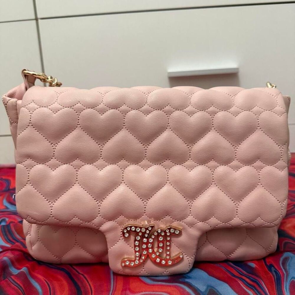 Juicy Couture Baby Pink Heart Quilted Flap Crossbody Bag Rhinestone Logo